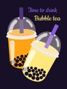 Bubble tea. Taiwanese drink with tapioca balls in a transparent plastic glass.