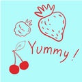 Bubble tea. Yummy berries. Juicy strawberry. Sweet raspberry. Red cherry. Food taste. Drink flavor. Fruits doodle sketch