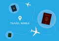 Bubble travel passports in bubble circle and airplanr icon background
