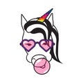 Unicorn with Bubble gum. Funny unicorn with rainbow horn and with a pink bubble gum. Crazy unicorn. Humor character t