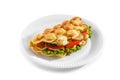 Bubble waffle with cheese, fried chicken, tomato and salad Royalty Free Stock Photo