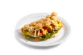 Bubble waffle with fried chicken, fries, cheese, tomato and salad Royalty Free Stock Photo