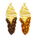 Bubble waffles with cream and caramel vector