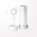 Bubble wand. Soap bubbles blower 3d realistic mockup, stick and bottle for blowing fun foam sphere preschool children Royalty Free Stock Photo