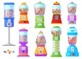 Bubblegum machines. Gumball machine bubble gum dispensers or cartoon full gashapon capsule kids toys, vending dispenser