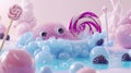 A bubblegum monster taking a luxurious dip in a tub overflowing with blueberry bubbles using a giant lollipop as a bath