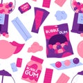 Bubblegum seamless pattern. Various sweet chewing candy: ball, stick, dragee, pillow, roll. Oral hygiene