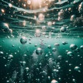 Bubbles and Bokeh Illuminate the Clear Green Ocean Depths off California\'s Coast. Generative ai for illustrations