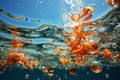 Bubbles float among orange cloth pieces under the water