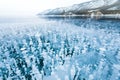 Bubbles of methane gas frozen into clear ice