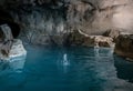 Bubbles rising slowly from an underground thermal spring in a stone cave Royalty Free Stock Photo