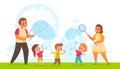 Bubbles show. Cute happy children and adults blowing soap bubbles in park. Cartoon kids and parents playing with air Royalty Free Stock Photo