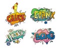 Bubbles of sounds for comix or cartoon, comic book or magazine. Onomatopoeia like clank for mechanical crash or crush