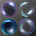 Realistic soap bubbles set in vector with shine, glares and rainbow isolated on transparent background EPS10