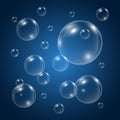 Bubbles in water on blue background. Vector water bubbles. Underwater fizzing air bubbles. Soap shiny bubbles texture Royalty Free Stock Photo