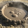 Bubbling mud pool in scenic geothermal area. Thick, gray mud forms large, spherical Royalty Free Stock Photo