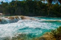 Bubbling turquoise water in the waterfall Agua Azul, Chiapas, Palenque, Mexico Royalty Free Stock Photo