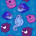 Cheerful pattern of sea dwellers and bubbles