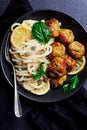 Bucatini with chicken polpette with Parmesan .selective focus