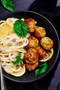 Bucatini with chicken polpette with Parmesan .selective focus