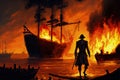 The buccaneer with flaming torch standing on vessel with loot observing sinking vessel