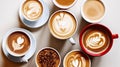 Buch of coffee cups with different kind of beverage and different latte art foam designs. Top view, close up, copy space,