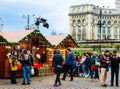 Bucharest Christmas market in front of the Palace of Parliament, lights, decorations, hot wine, hot chocolate, presents and people