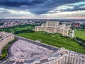 Bucharest city center and the Palace of Parliament at sunset, aerial view from Constitution Square