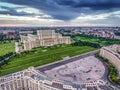 Bucharest city center and the Palace of Parliament at sunset, aerial view from Constitution Square