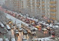 Bucharest congested road traffic due to the snow deposited Royalty Free Stock Photo