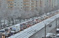 Bucharest congested road traffic due to the snow deposited
