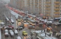 Bucharest congested road traffic due to the snow deposited