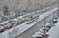 Bucharest congested road traffic due to the snow deposited