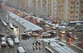 Bucharest congested road traffic due to the snow deposited