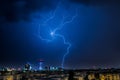 Bucharest heavy rain with lightning over the sky during night time storm