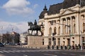 BUCHAREST - MARCH 17: Equestrian statue of Carol I in front of the Royal Palace. Photo taken on March 17, 2018 in Bucharest