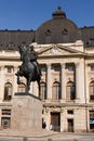 BUCHAREST - MARCH 17: Equestrian statue of Carol I in front of the Royal Palace. Photo taken on March 17, 2018 in Bucharest