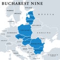 Bucharest Nine members, or also Bucharest Format, political map Royalty Free Stock Photo