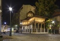 Bucharest old city centre panorama view. Stavropoleos Church by night. Old town tourist attraction in Romania Royalty Free Stock Photo