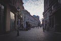 Bucharest old town. Historic city center street at evening.