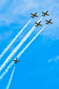 BUCHAREST, ROMANIA, 2015: Acrobatic planes at Bucharest International Air Show (BIAS) with blue sky background Royalty Free Stock Photo