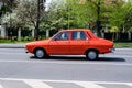 Bucharest, Romania, 24 April 2021 Old retro red Romanian Dacia 1300 classic car in traffic in a street in a sunny spring day