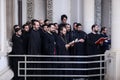 Romanian Orthodox religious choir singers during a Palm Sunday pilgrimage procession in Bucharest