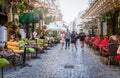 Pedestrian area with outdoor restaurants and bars in the old town center of Bucharest.