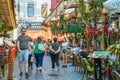 Pedestrian area with outdoor restaurants and bars in the old town center of Bucharest.