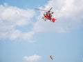 SMURD helicopter flying against blue sky. SMURD is the emergency rescue service based in Romania Royalty Free Stock Photo