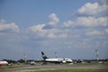 BUCHAREST, ROMANIA - CIRCA 2022: Ryan Air airplane on Otopeni International Airport with steps ladder getting ready