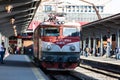 Front view of a train in motion or at the platform at Bucharest North Railway Station, Romania, 2022