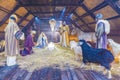 Bucharest, Romania - December 25, 2017: Christmas scene with three wise men presenting gifts to baby Jesus, Mary & Joseph Royalty Free Stock Photo