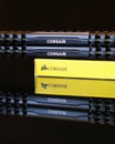 Corsair DDR RAM dual kit with two modules and a yellow box reflecting on a black surface Royalty Free Stock Photo